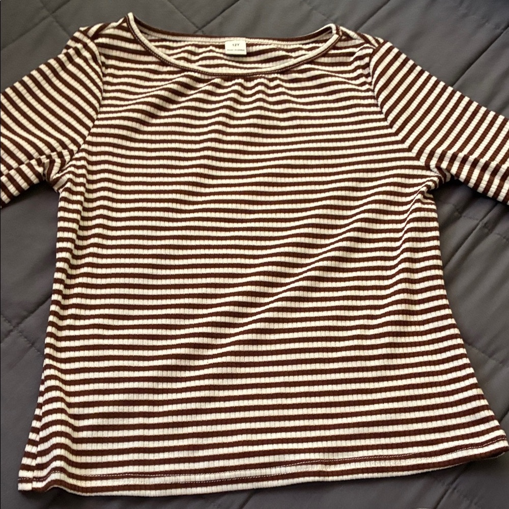 SHEIN Brown and White Striped Short Sleeve Tee